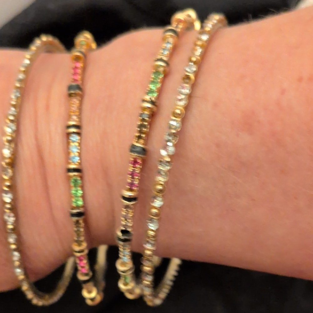Source Unknown Gold Bangles with Green and Pink Accents - Picture 4 of 4